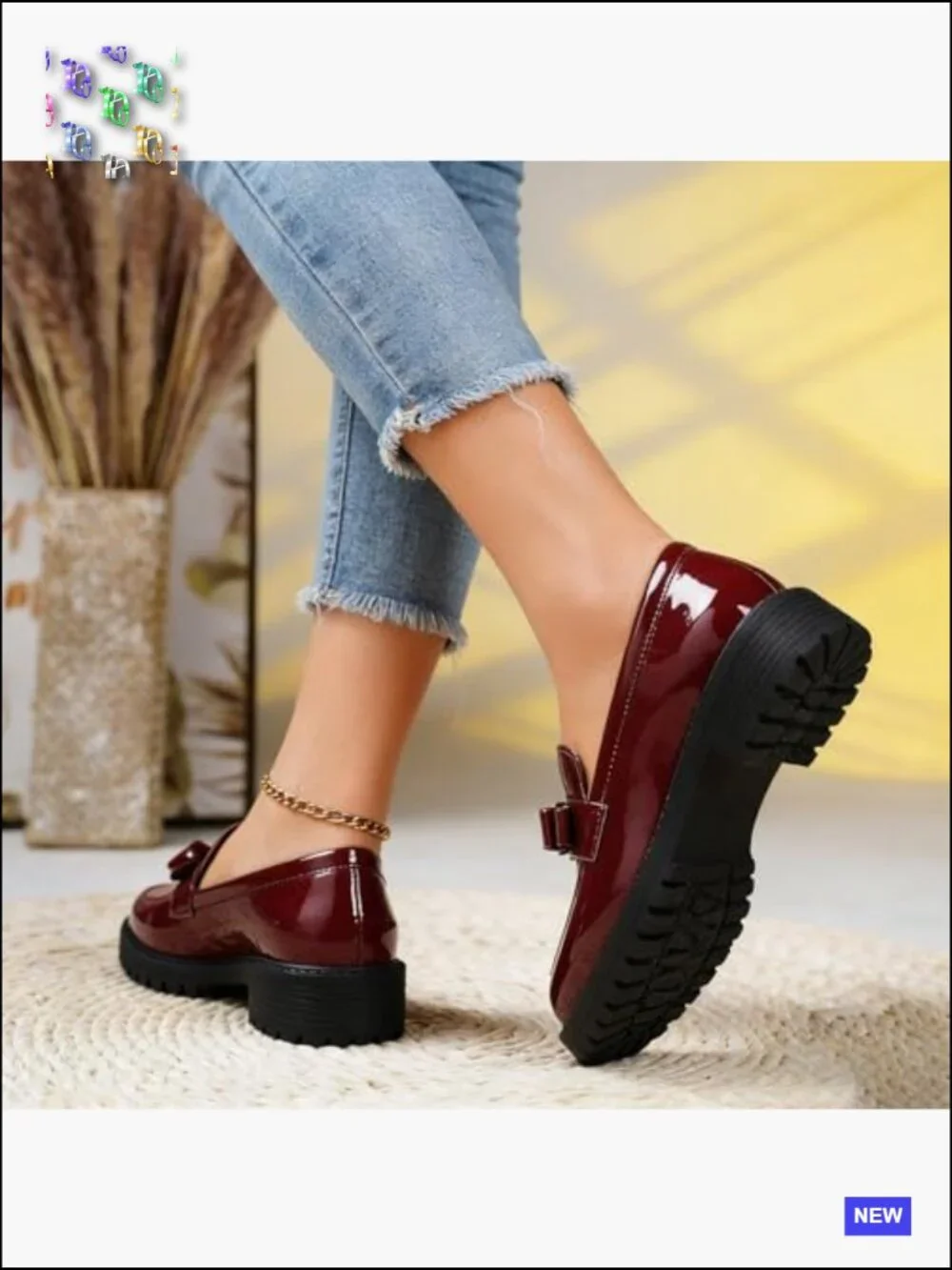 Patent Leather Chunky Heel Loafers Metal Buckle Lug Sole Platform Slip On Penny